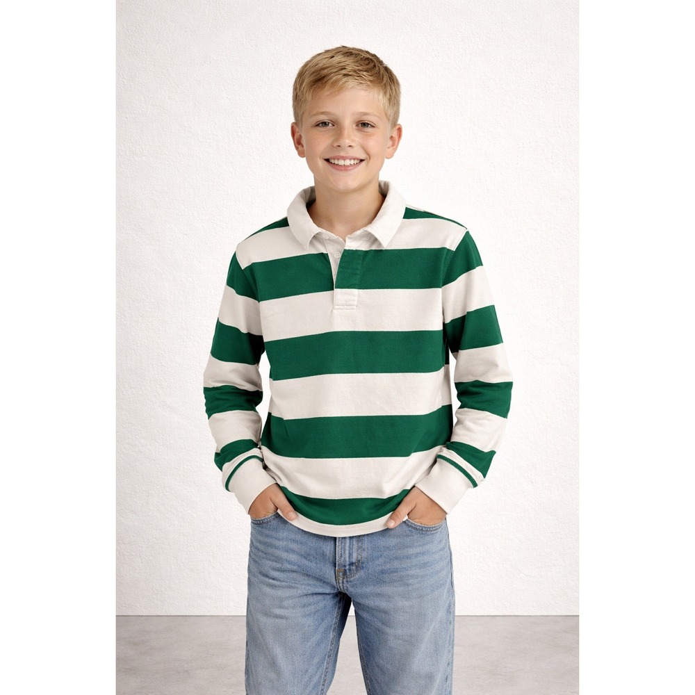 Crewcuts J. Crew Kids XL 12-14 Rugby Shirt Green White Striped Long Polo Cotton